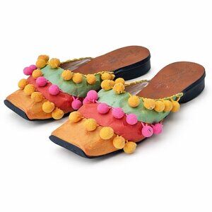 Vintage Goody Goody Womens Mules Sz 6 Colorful Silk Pom Pom Shoes Square Toe